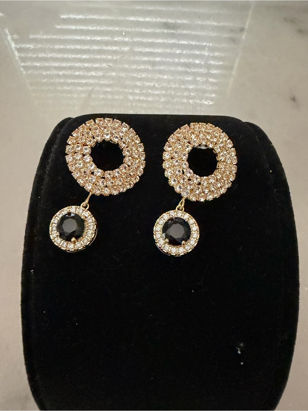Gold Crystal Hoop Drop Earrings with Black Center Stones